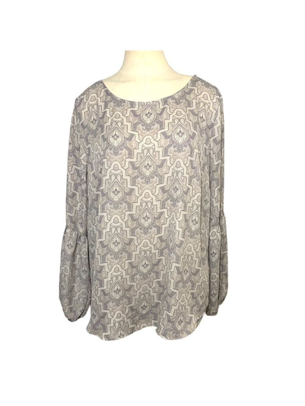 Violet + Claire Tan Crepe Blouse Paisley Print Long Sleeves Key Hole Top Sz L